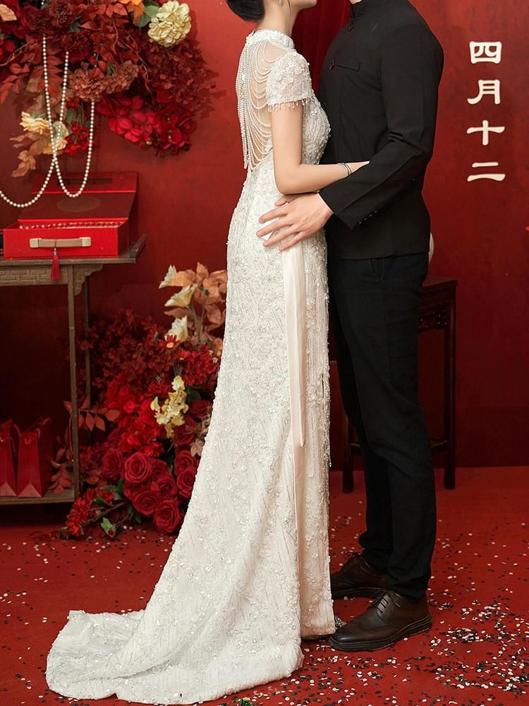 Fringe Bow A-Line Evening Bead Gown Short-Sleeve