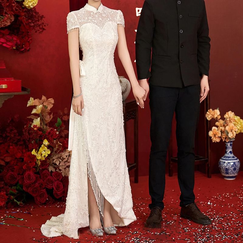 Fringe Bow A-Line Evening Bead Gown Short-Sleeve