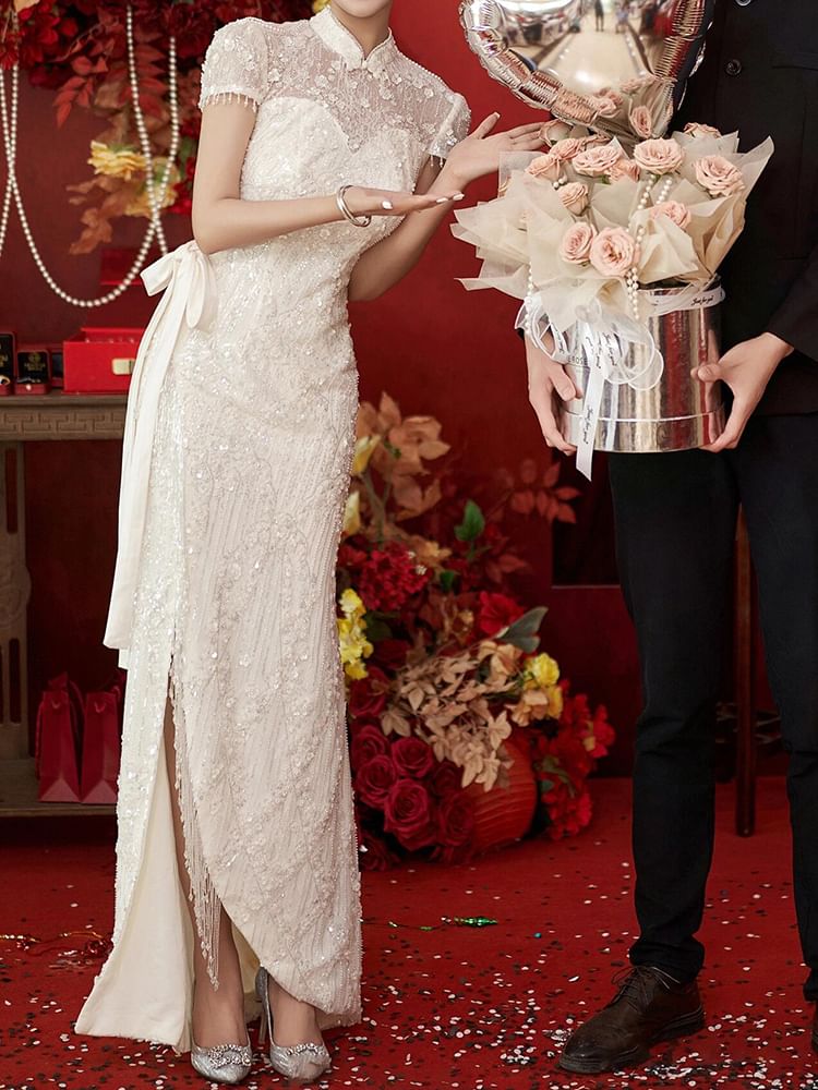 Fringe Bow A-Line Evening Bead Gown Short-Sleeve