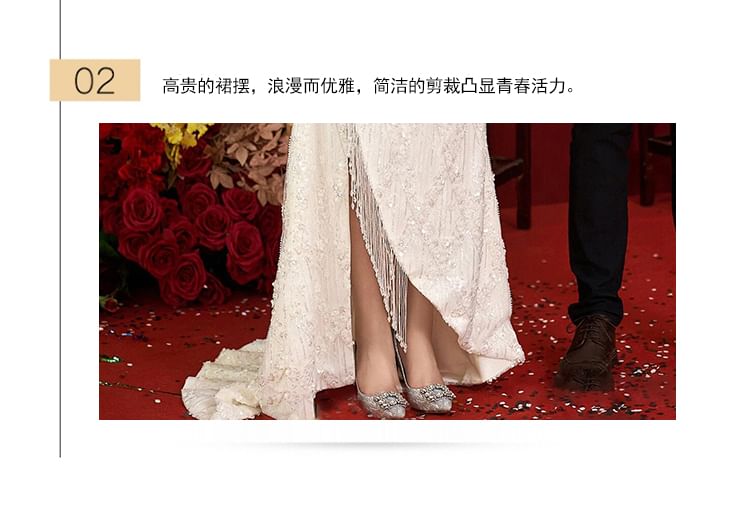 Fringe Bow A-Line Evening Bead Gown Short-Sleeve