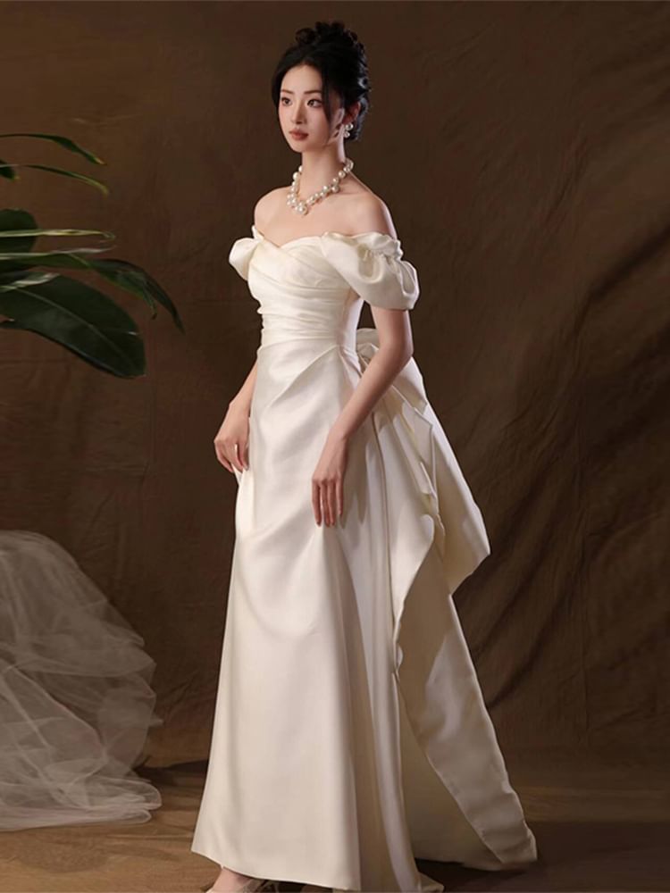 Back Gown Bow A-Line Wedding Puff-Sleeve Off-Shoulder