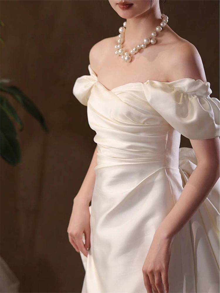 Back Gown Bow A-Line Wedding Puff-Sleeve Off-Shoulder