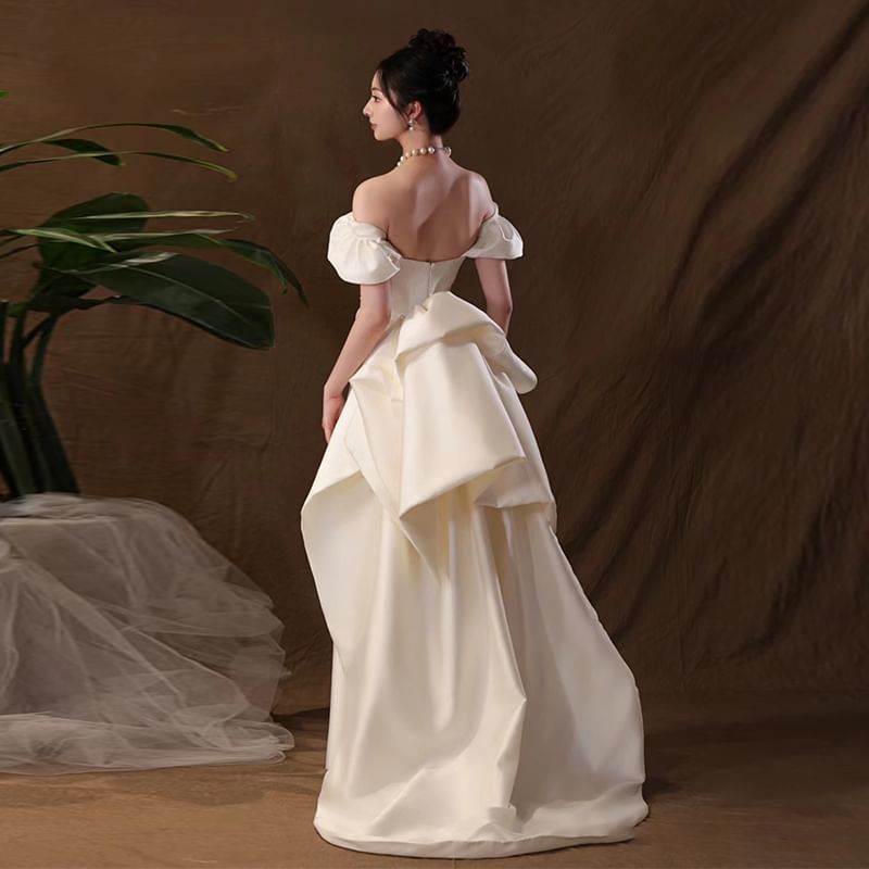 Back Gown Bow A-Line Wedding Puff-Sleeve Off-Shoulder