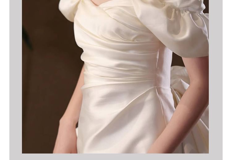 Back Gown Bow A-Line Wedding Puff-Sleeve Off-Shoulder