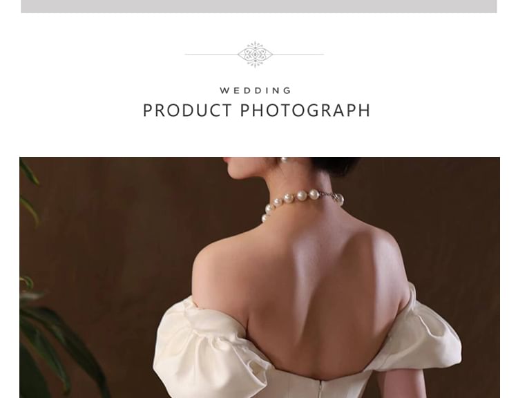 Back Gown Bow A-Line Wedding Puff-Sleeve Off-Shoulder