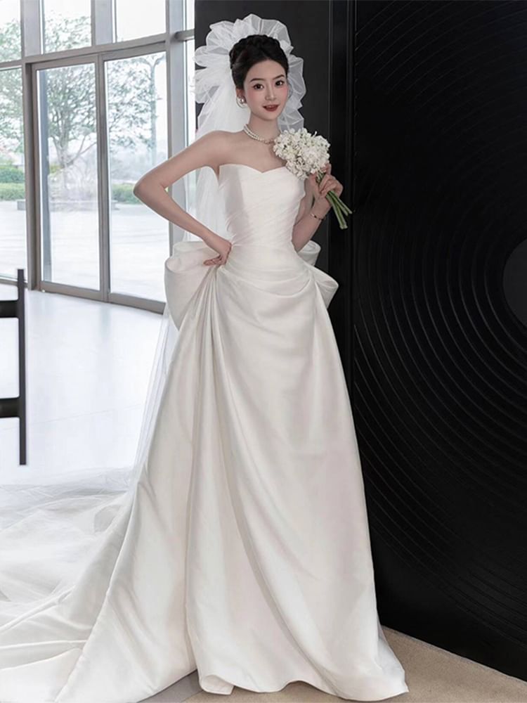 Strapless Gown A-Line Wedding Satin Bow Back