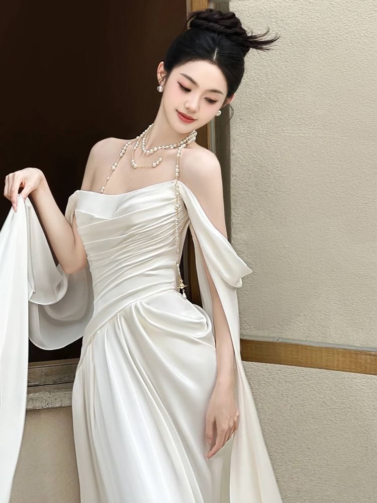 A-Line Satin Wedding Gown Off-Shoulder Shirred