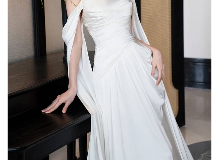 A-Line Satin Wedding Gown Off-Shoulder Shirred