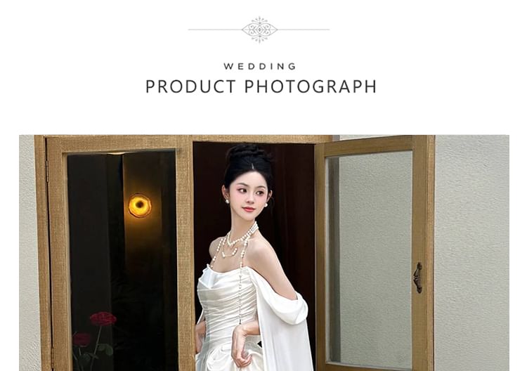 A-Line Satin Wedding Gown Off-Shoulder Shirred