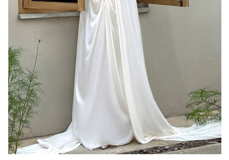 A-Line Satin Wedding Gown Off-Shoulder Shirred