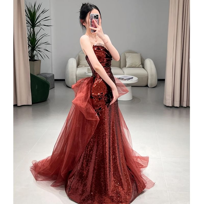 Mesh Panel Evening Plain A-Line Gown Sequin Tube