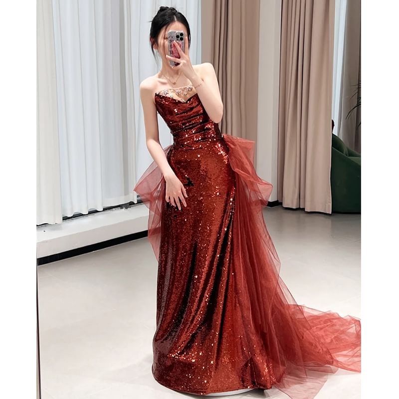 Mesh Panel Evening Plain A-Line Gown Sequin Tube