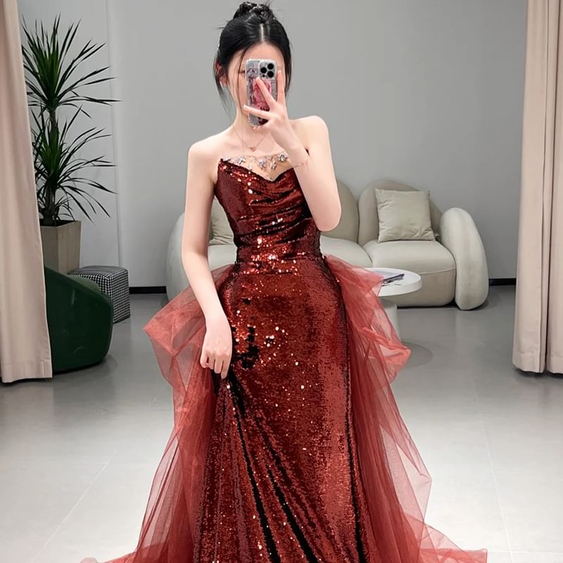Mesh Panel Evening Plain A-Line Gown Sequin Tube