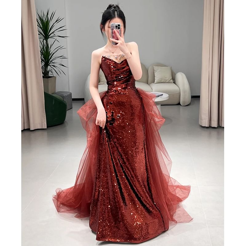 Mesh Panel Evening Plain A-Line Gown Sequin Tube