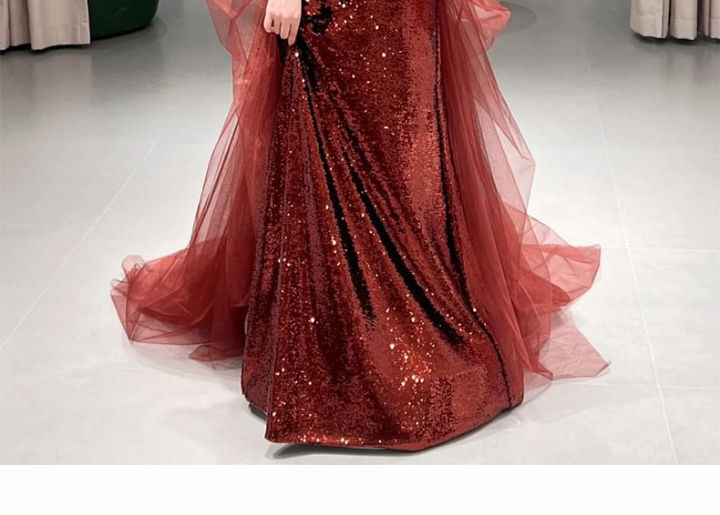 Mesh Panel Evening Plain A-Line Gown Sequin Tube