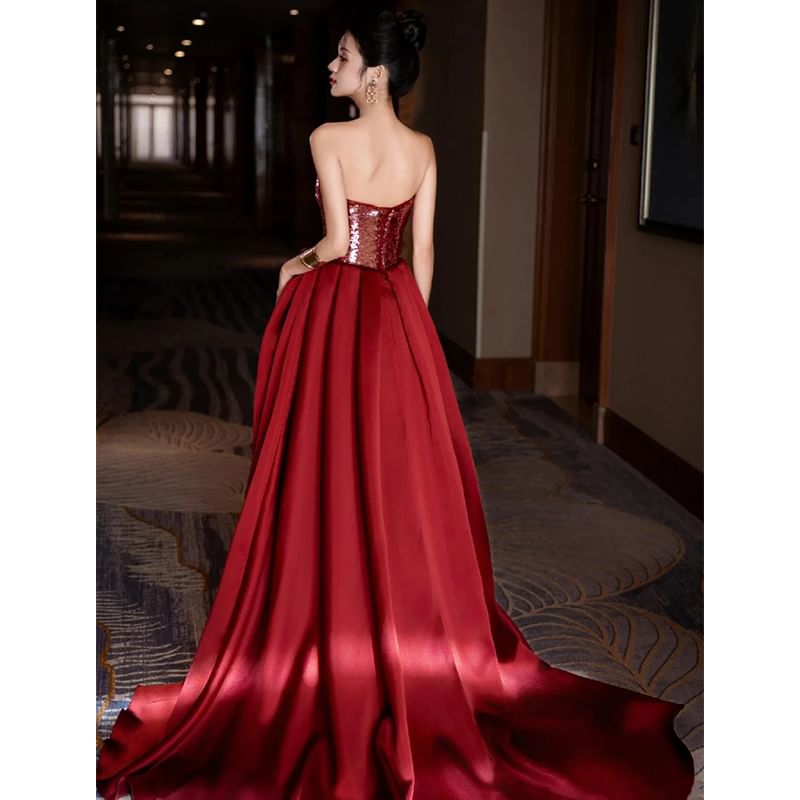 Sequin Flower Sheath Detail Panel Sweetheart Tube Mesh Neck Evening Gown