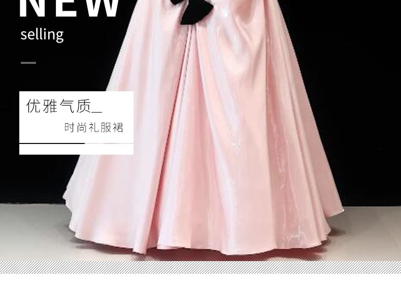 Shirred Evening Bow Gown Satin Cold-Shoulder