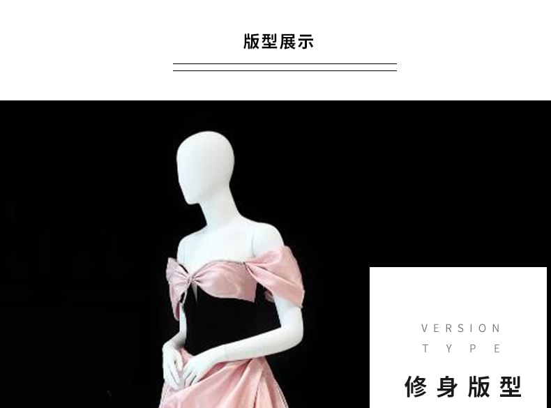 Shirred Evening Bow Gown Satin Cold-Shoulder