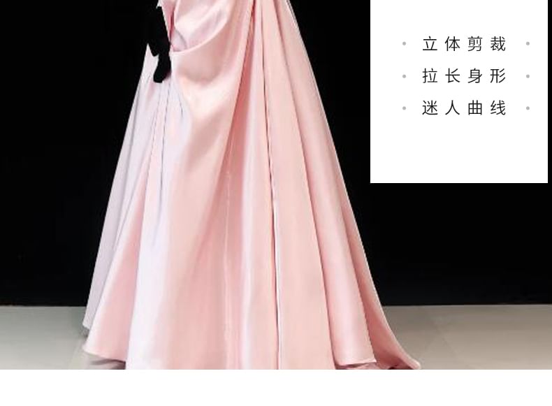 Shirred Evening Bow Gown Satin Cold-Shoulder