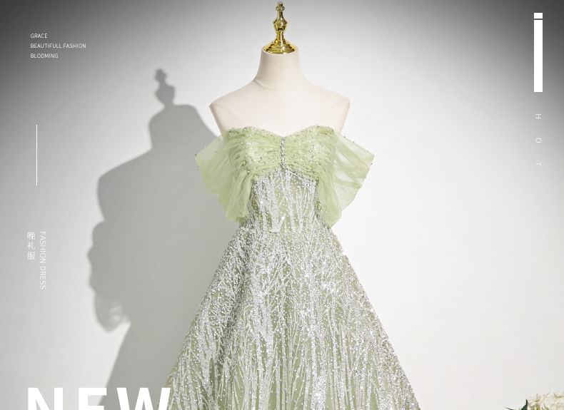 Off-Shoulder Floral A-Line Embroidered Evening Gown