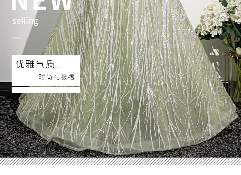 Off-Shoulder Floral A-Line Embroidered Evening Gown