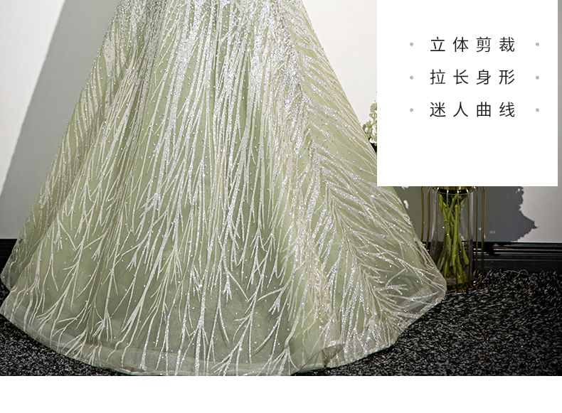 Off-Shoulder Floral A-Line Embroidered Evening Gown