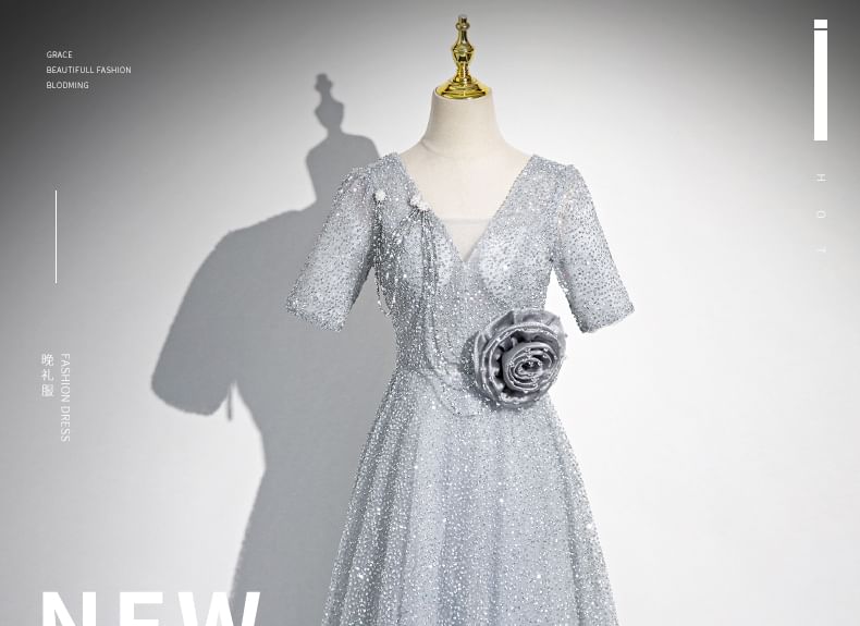 Floral Evening Short-Sleeve Gown A-Line Glitter