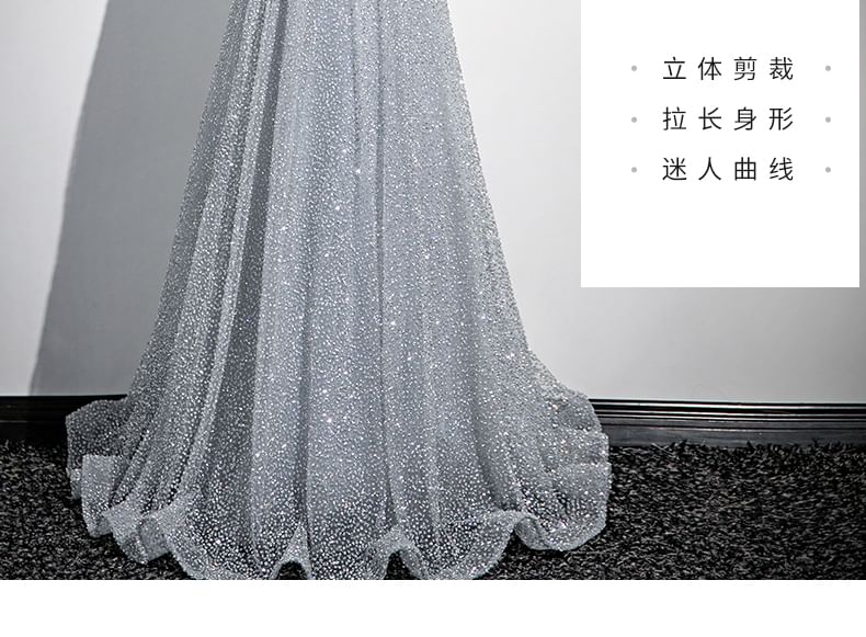 Floral Evening Short-Sleeve Gown A-Line Glitter