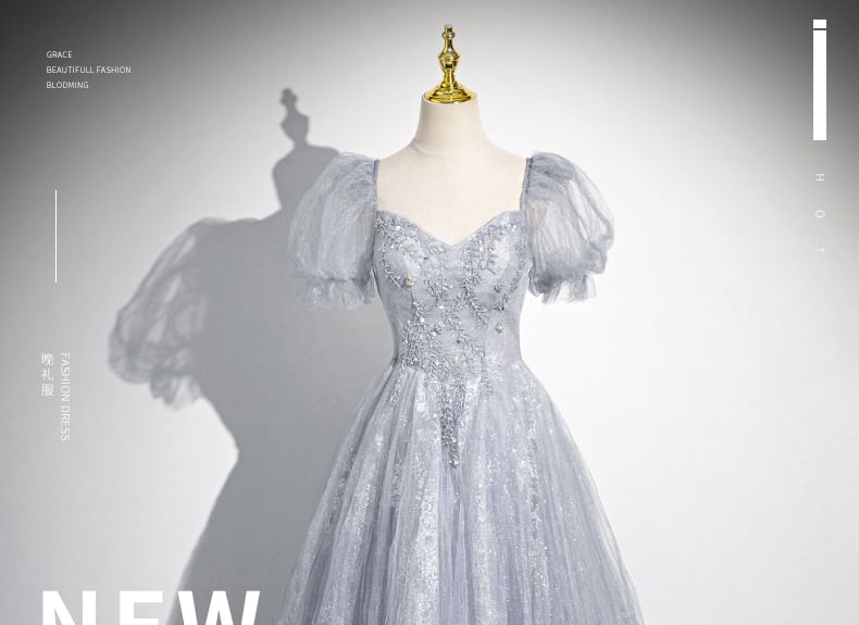 Evening Gown Sweetheart-Neckline Rhinestone A-Line Puff-Sleeve