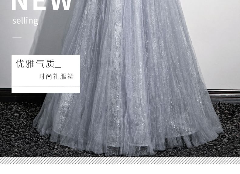 Evening Gown Sweetheart-Neckline Rhinestone A-Line Puff-Sleeve