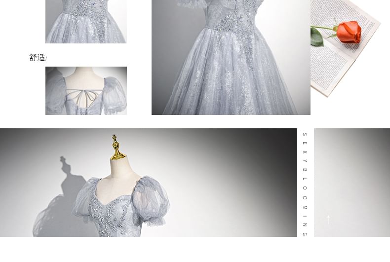 Evening Gown Sweetheart-Neckline Rhinestone A-Line Puff-Sleeve