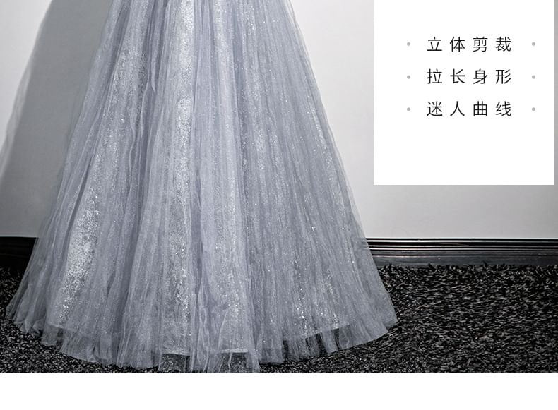 Evening Gown Sweetheart-Neckline Rhinestone A-Line Puff-Sleeve