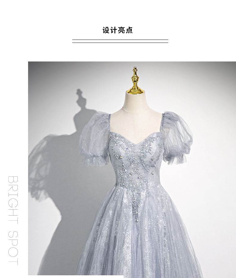 Evening Gown Sweetheart-Neckline Rhinestone A-Line Puff-Sleeve