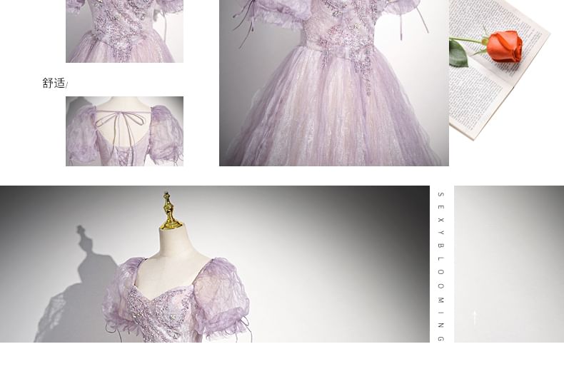 A-Line Print Floral Sweetheart-Neckline Evening Puff-Sleeve Gown