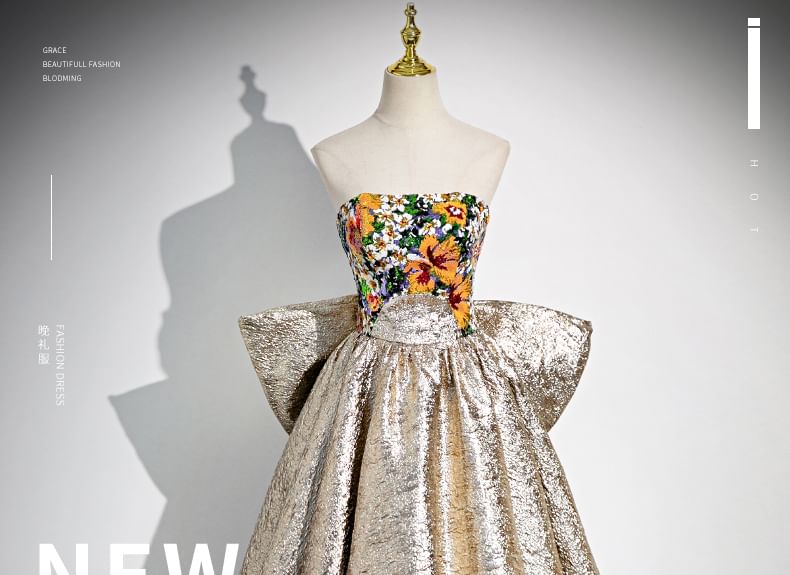 Floral Strapless Evening Back Print Gown Bow A-Line