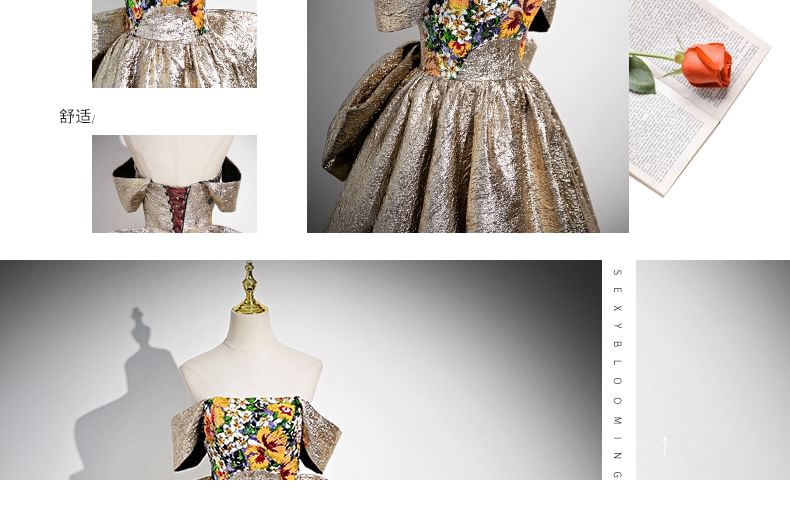 Floral Strapless Evening Back Print Gown Bow A-Line