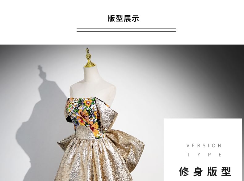 Floral Strapless Evening Back Print Gown Bow A-Line