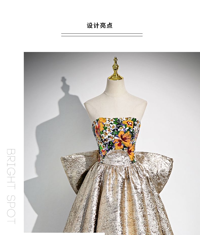 Floral Strapless Evening Back Print Gown Bow A-Line