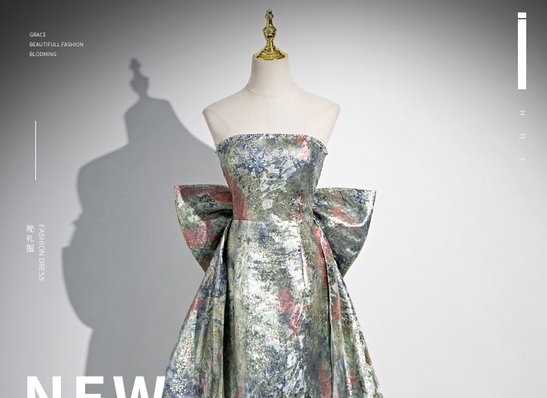 Floral Strapless Back A-Line Gown Print Evening Bow
