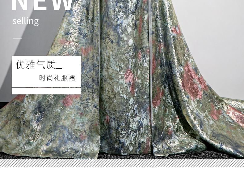 Floral Strapless Back A-Line Gown Print Evening Bow