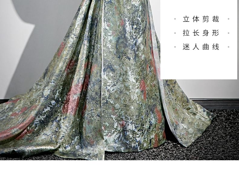 Floral Strapless Back A-Line Gown Print Evening Bow