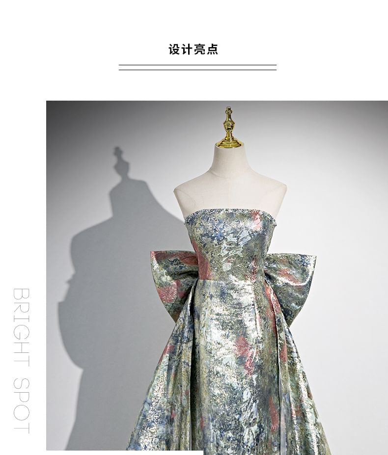 Floral Strapless Back A-Line Gown Print Evening Bow