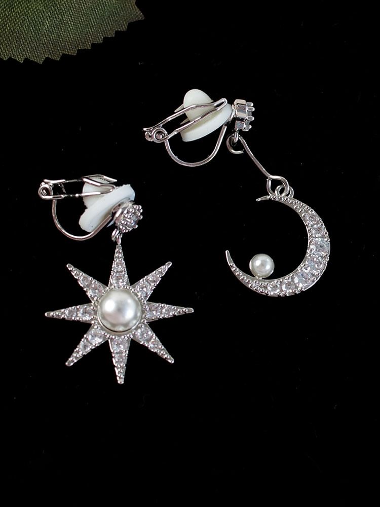 Star Alloy Asymmetrical Rhinestone Moon Dangle Earring Faux Pearl