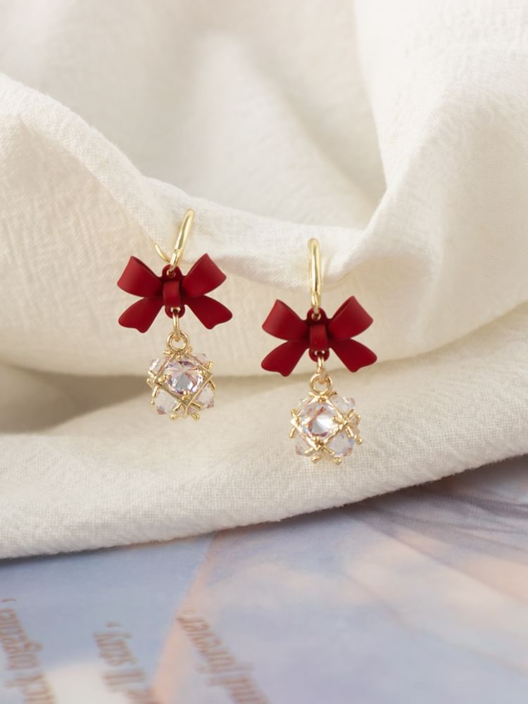 Bow Dangle Caged Alloy Rhinestone Earring