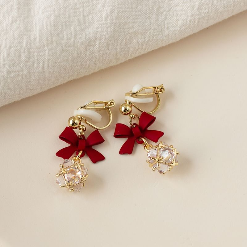 Bow Dangle Caged Alloy Rhinestone Earring