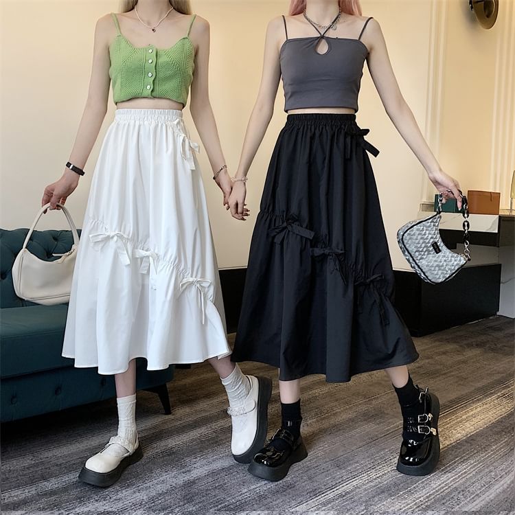 Midi Waist Bow A-Line Skirt High Plain