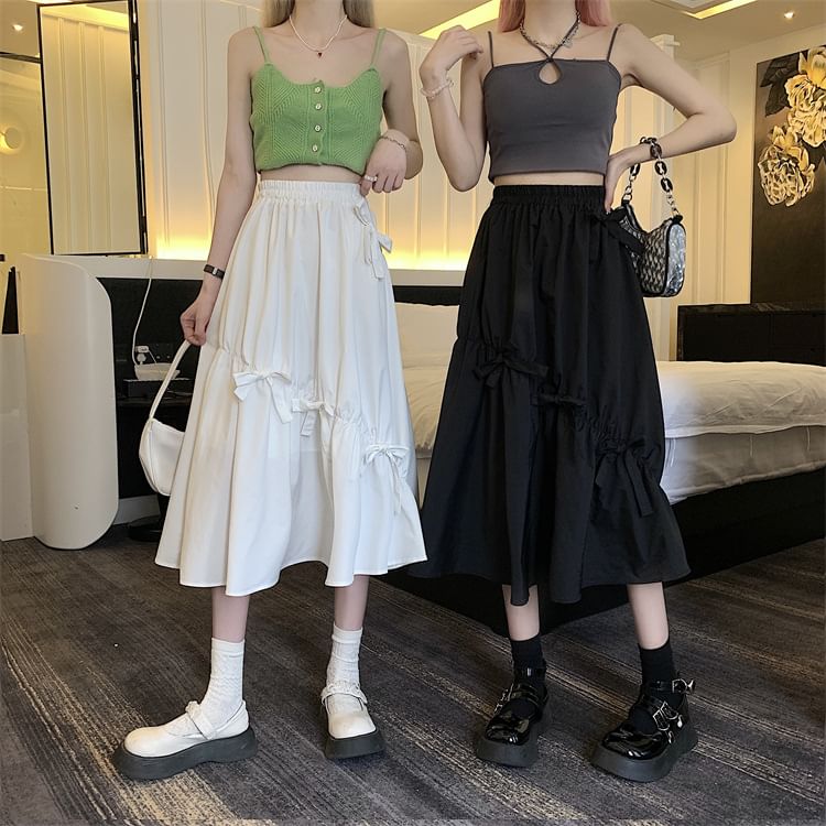Midi Waist Bow A-Line Skirt High Plain