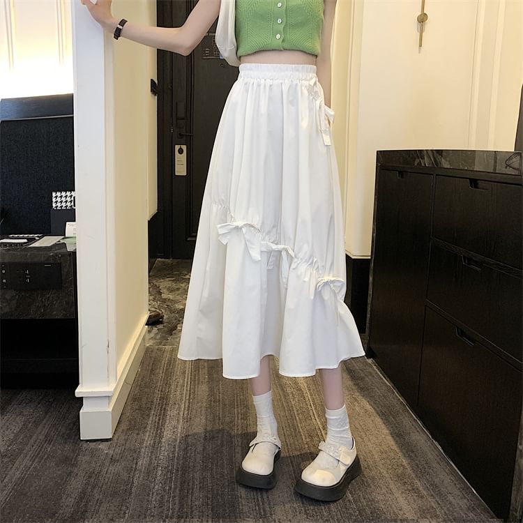 Midi Waist Bow A-Line Skirt High Plain