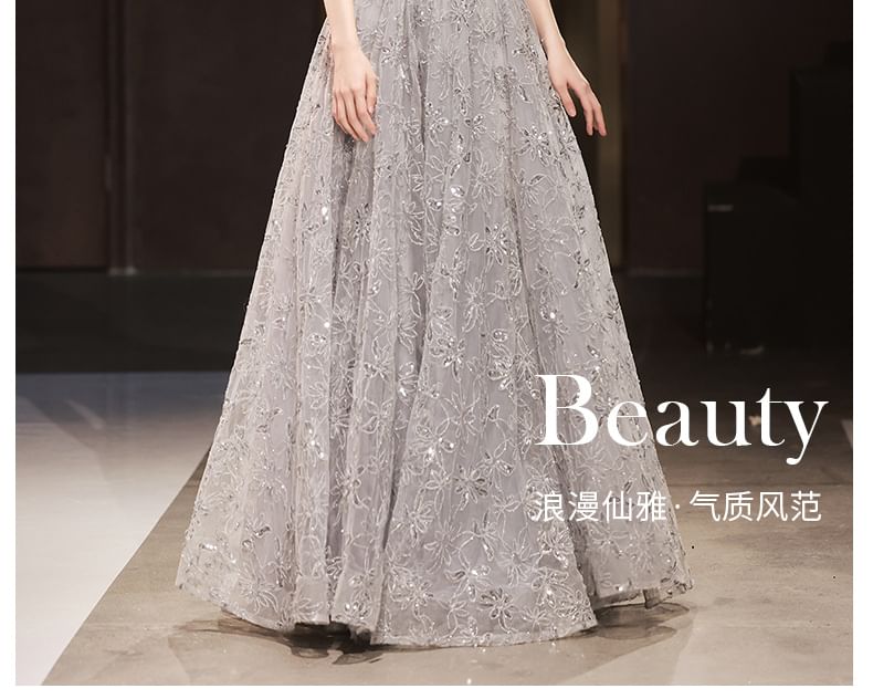 Short-Sleeve Evening A-Line Gown Rhinestone