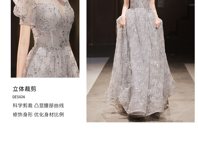 Short-Sleeve Evening A-Line Gown Rhinestone